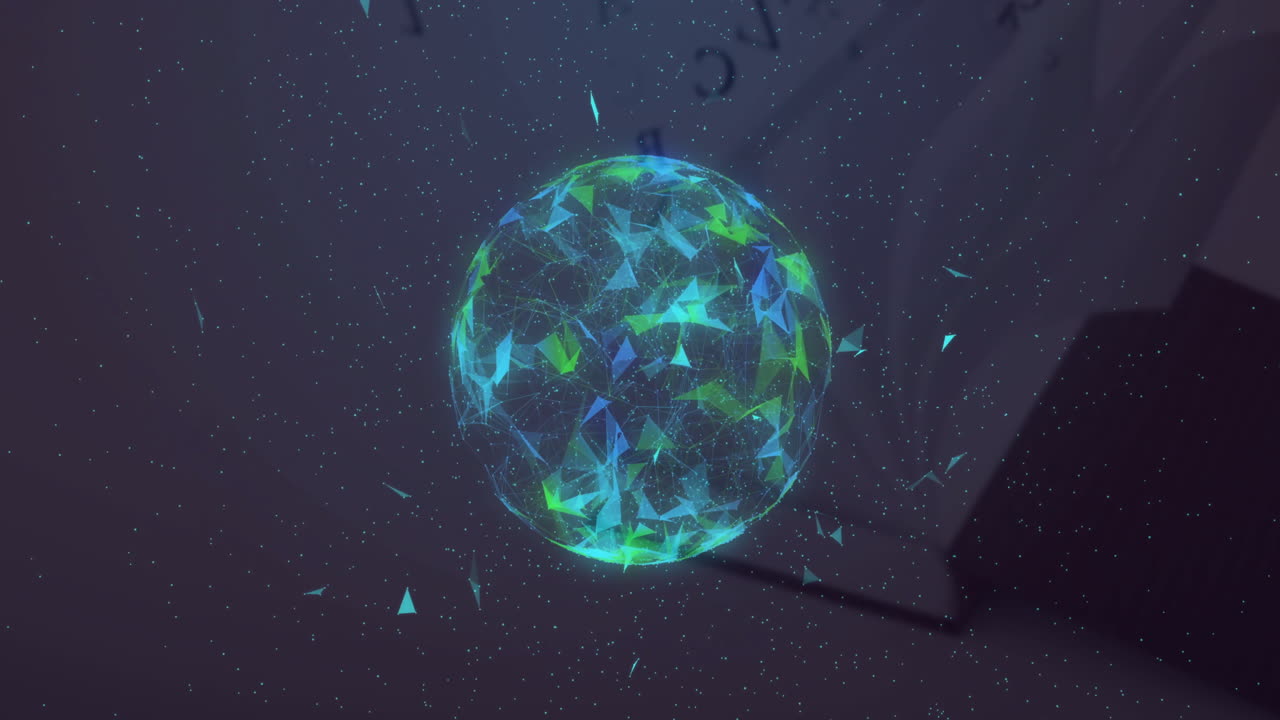 어두운 배경 위에 삼각형 입자 애니메이션으로 회전하는 지구