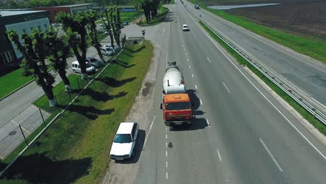 truck mixer on highway. aerial view of heavy mixer concrete trucks