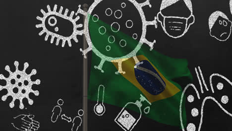 animación de células del virus covid-19 e iconos digitales sobre la bandera de brasil