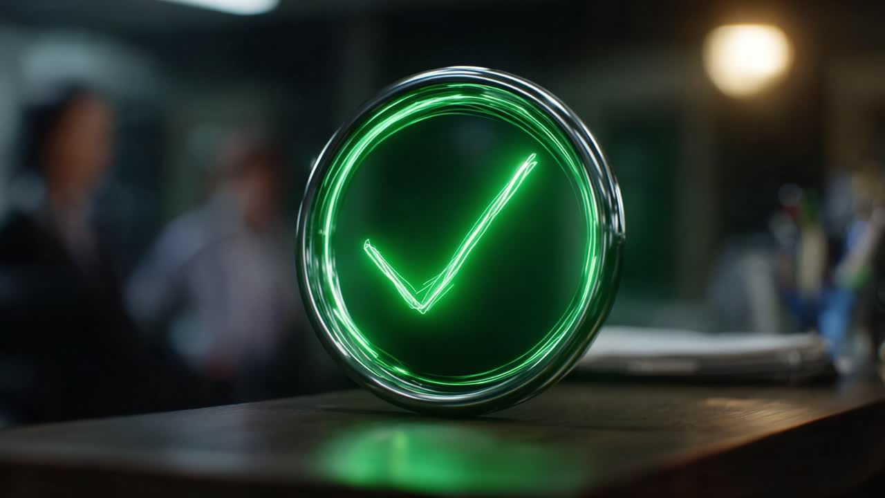A Bright Green Checkmark Icon Glowing in a Dimly Lit Office, Representing Approval, Completion, and Success Amongst Blurred Background Figures