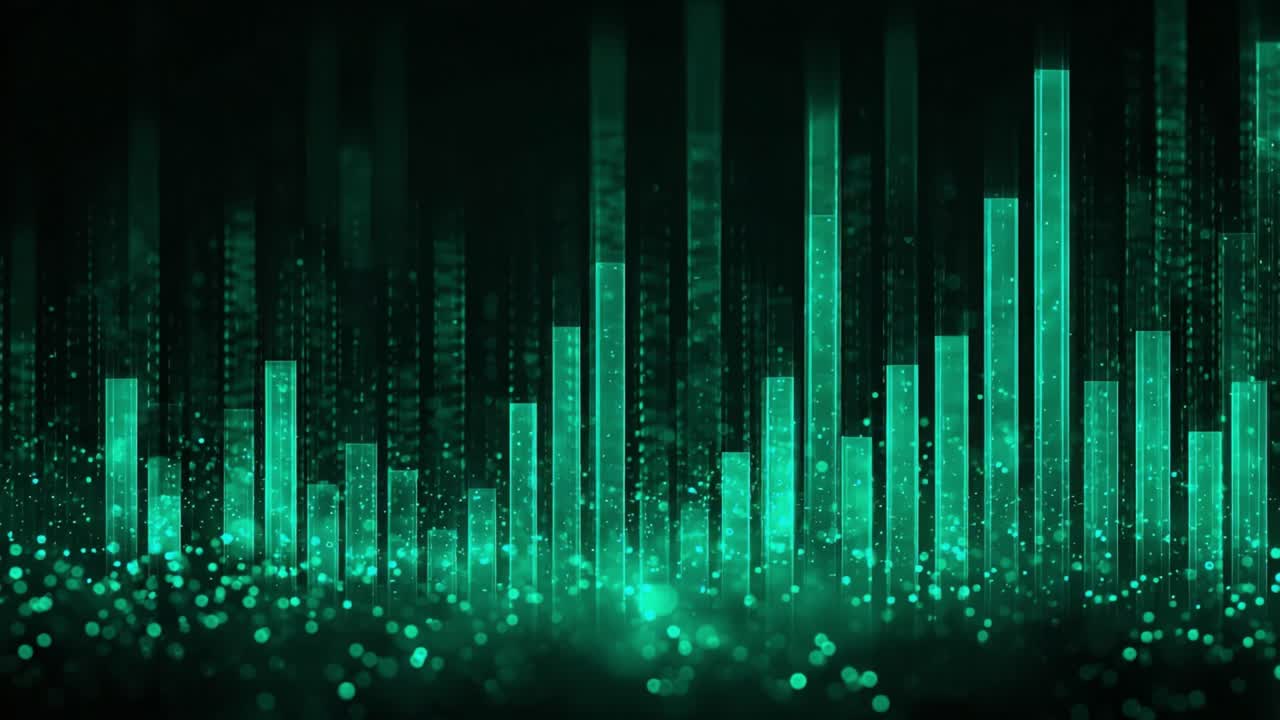 Abstract animated sound waveform with glowing turquoise bars moving up and down against a dark background, representing musical frequency, audio spectrum analysis, or digital data visualization