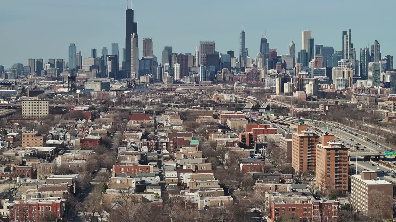 Chicago skyline drone view by the White Sox's home field