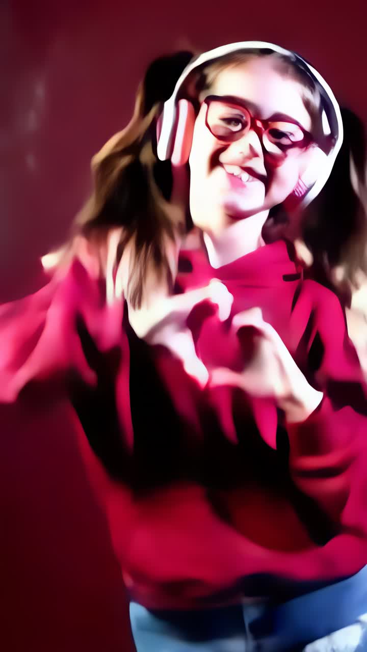 A girl in a red hoodie and blue shorts is dancing and wearing headphones