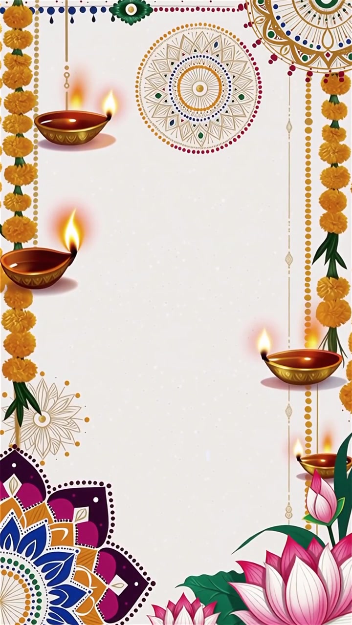 Sfondo Diwali con Diyas luminosi, Rangoli e fiori di loto