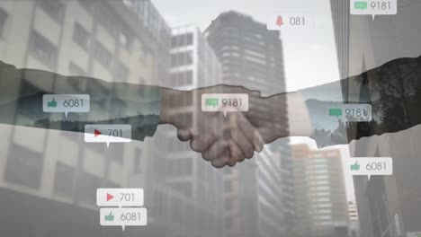 digital icon with increasing numbers over mid section of businessman and businesswoman shaking hands