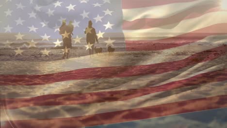 Animation-of-american-flag-over-caucasian-family-with-dogs-walking-at-beach