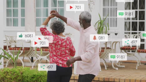 dancing couple with social media notifications animation over garden background