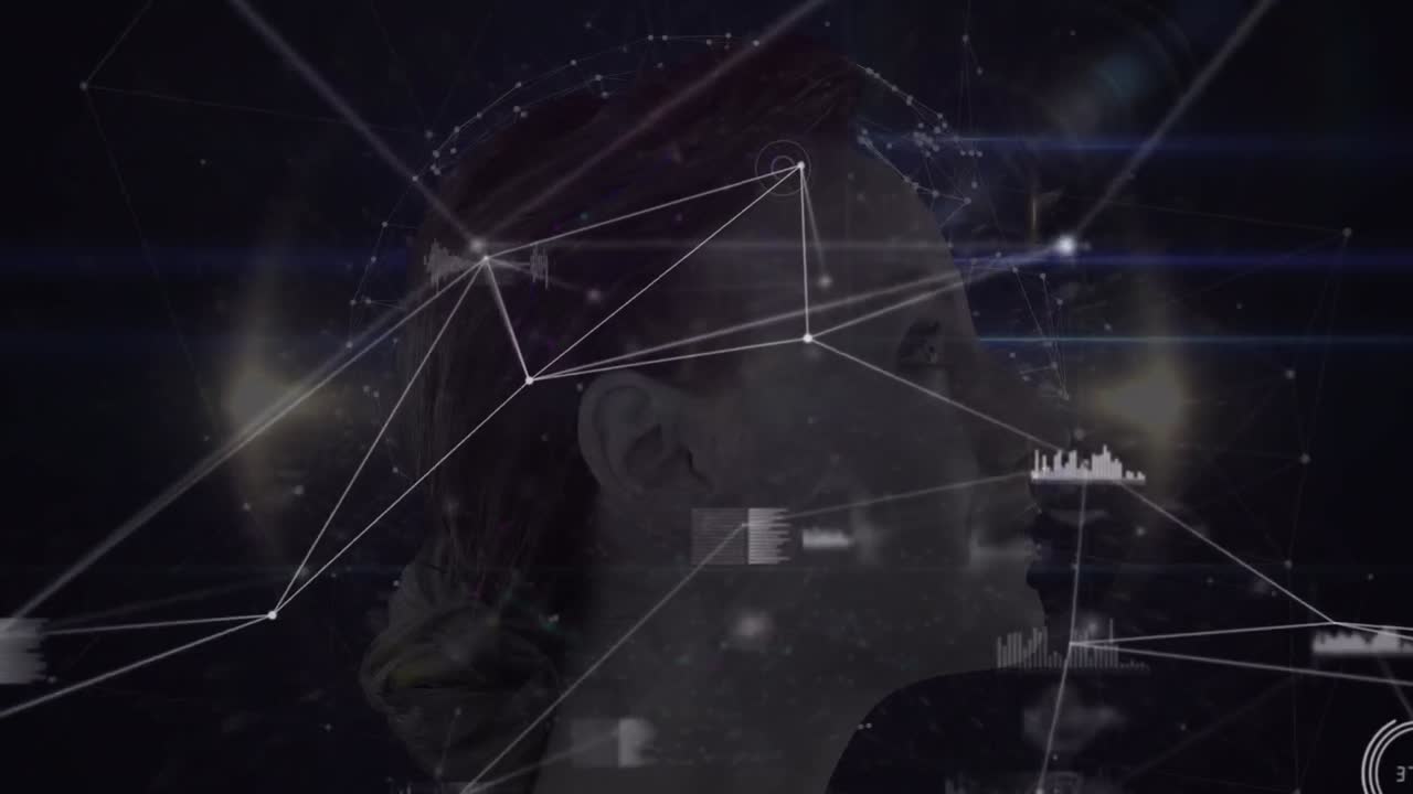 animación de la red de conexiones y globo de cabeza de mujer sobre fondo oscuro