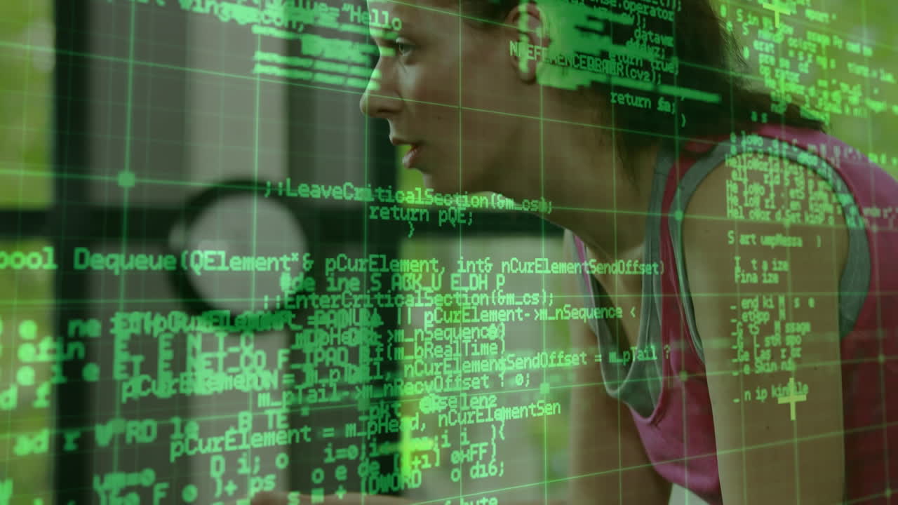 animación del procesamiento de datos sobre una mujer haciendo ejercicio en el gimnasio