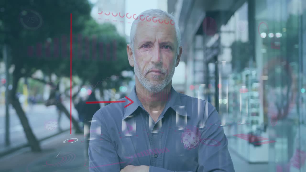 анимация финансового графика над кавказским пожилым человеком, стоящим на улице