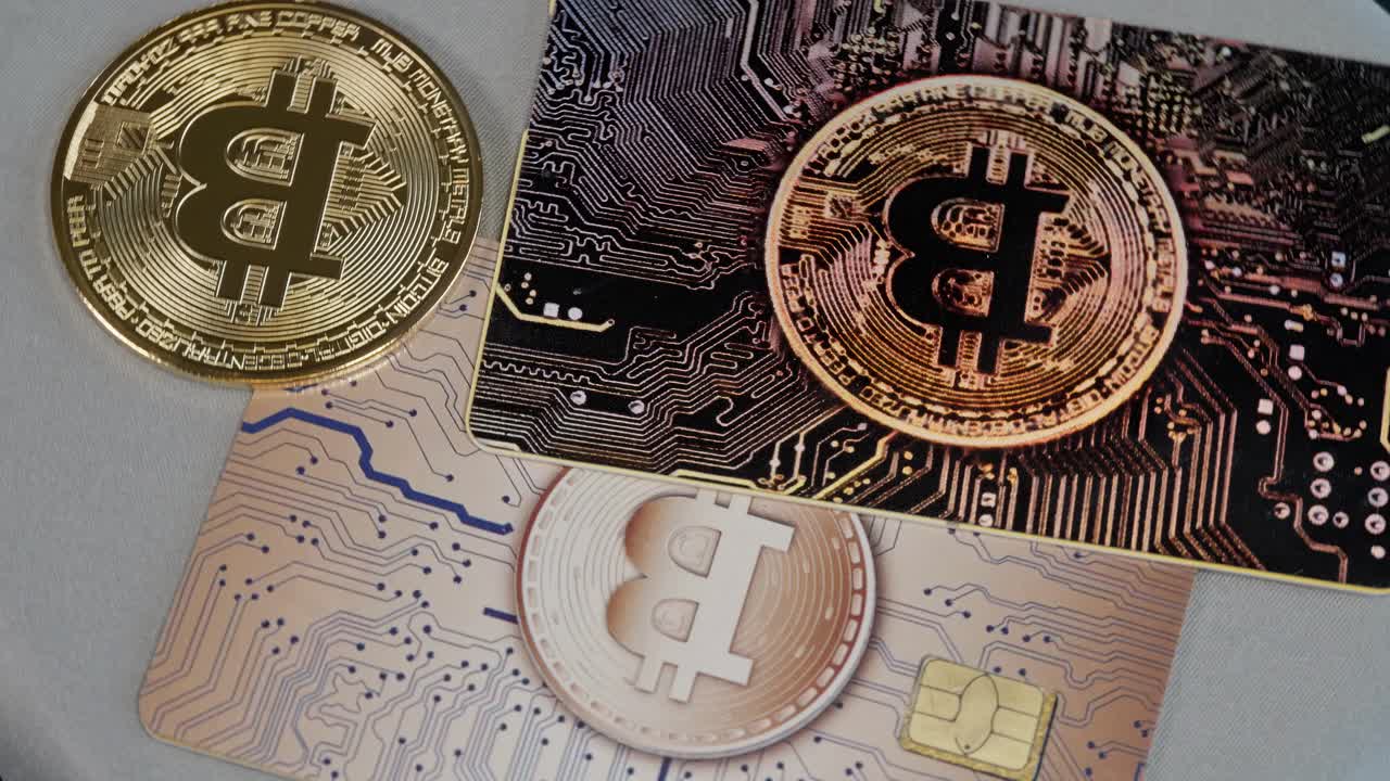 las tarjetas de crédito bitcoin y las monedas giran en la superficie gris, simbolizando los pagos digitales y las finanzas descentralizadas