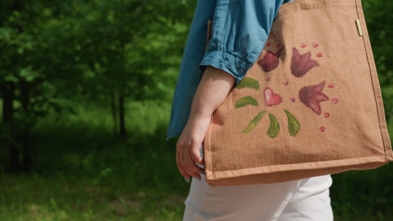 초록색 덤불 길을 따라 화려한 꽃무늬 디자인이 수 놓인 가방을 들고 걸어가는 여성이 따뜻한 햇살 아래 파란색 셔츠를 입고 있는 모습의 클로즈업 사진으로, 친환경적인 라이프스타일을 나타내요.