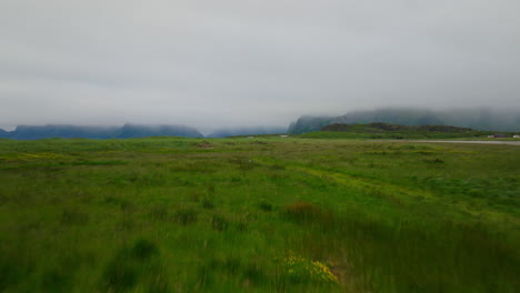 Aerial-dolly-above-grassland-in-Yttersand-Sandbotnen-Lofoten-Norway-in-summer