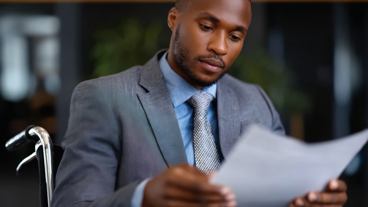 Focused Individual Analyzing Documents While Seated in a Wheelchair in a Professional Environment with Natural Lighting and Contemporary Decor