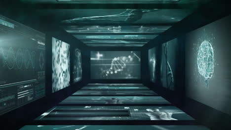 animación del procesamiento de datos biológicos en un túnel hecho de pantallas sobre fondo negro