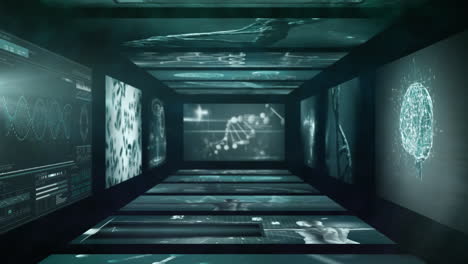 animation of biological data processing on tunnel made of screens on black background