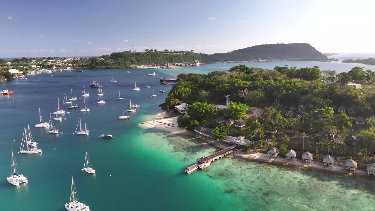 Scenic Seascape With Moored Yachts In Port Vila, Vanuatu - Drone Shot
