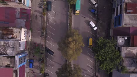 top down view of road in a small town in asia with people walking, motorcyle and cars with pine trees in the middle, north sumatera indonesia.