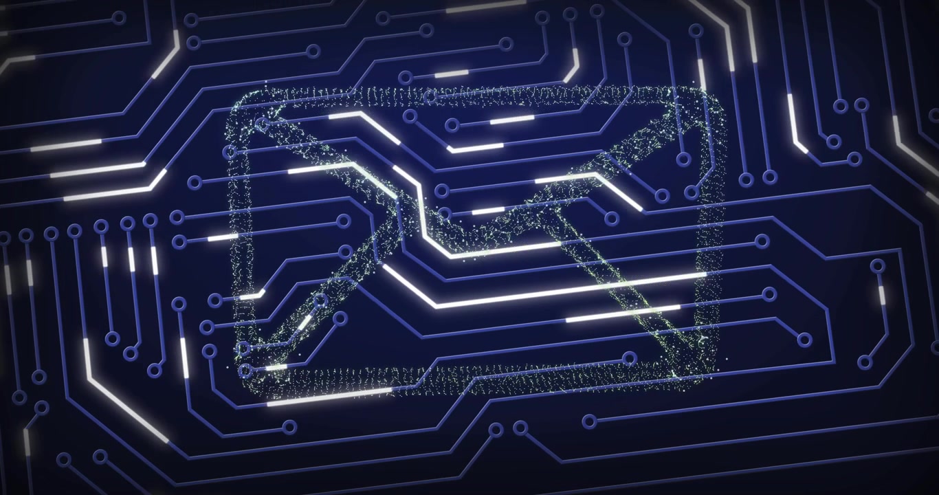 Loose particle chain dropping, forming envelope icon along traces and pulsing lights, showing email