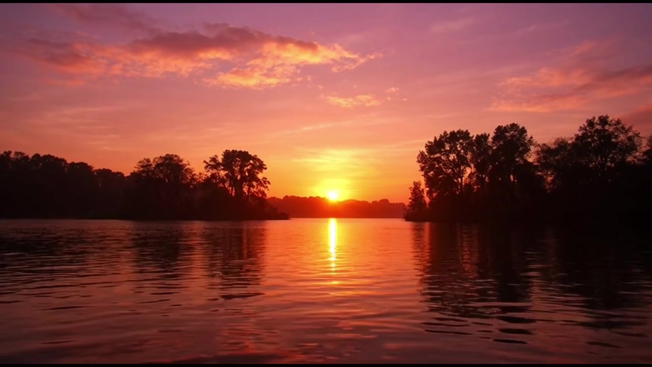 Vibrant Sunset Over Calm Lake With Silhouetted Trees