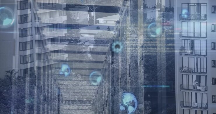 Sovrapposizione di dati digitali sulla facciata di un condominio urbano