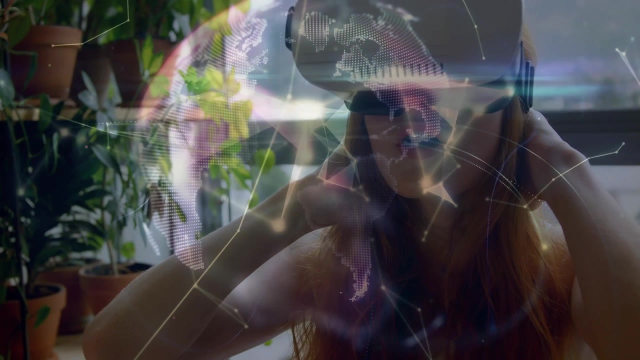 Animazione di una rete di connessioni su una donna caucasica che usa un visore VR