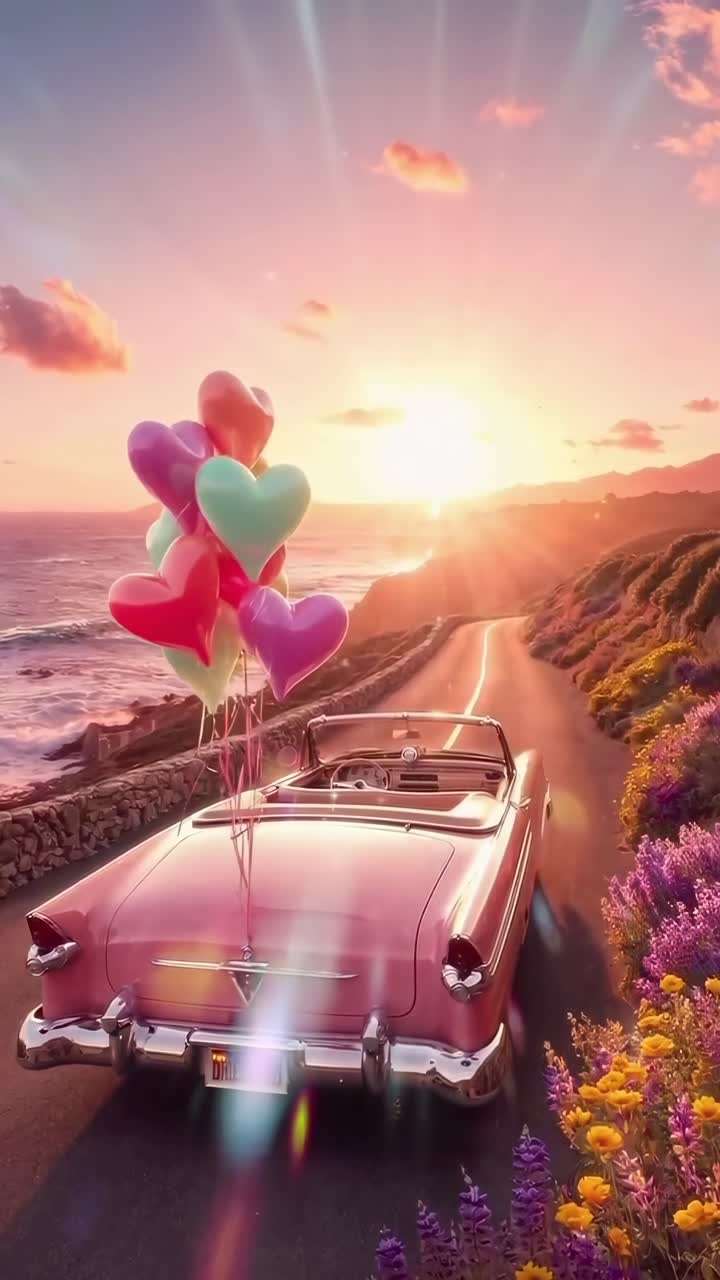 Vídeo aéreo de un coche antiguo con globos en forma de corazón en una carretera costera al atardecer, colores vibrantes, Live