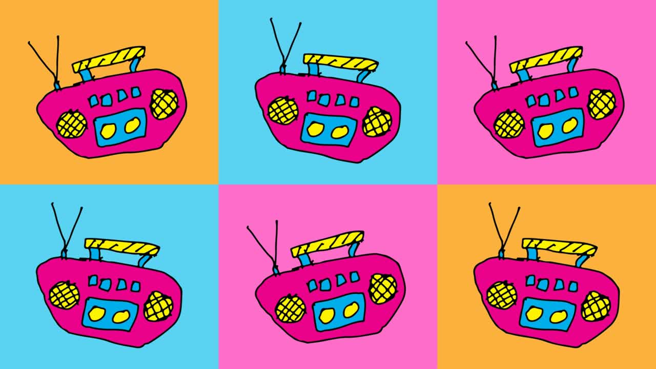 아이들이 테이프 레코더 테마로 팝 아트 시엄리스 배경을 그리고 있습니다.