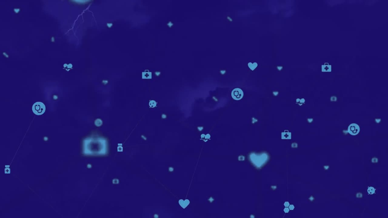 Animação de rede de conexões com ícones em plano de fundo azul