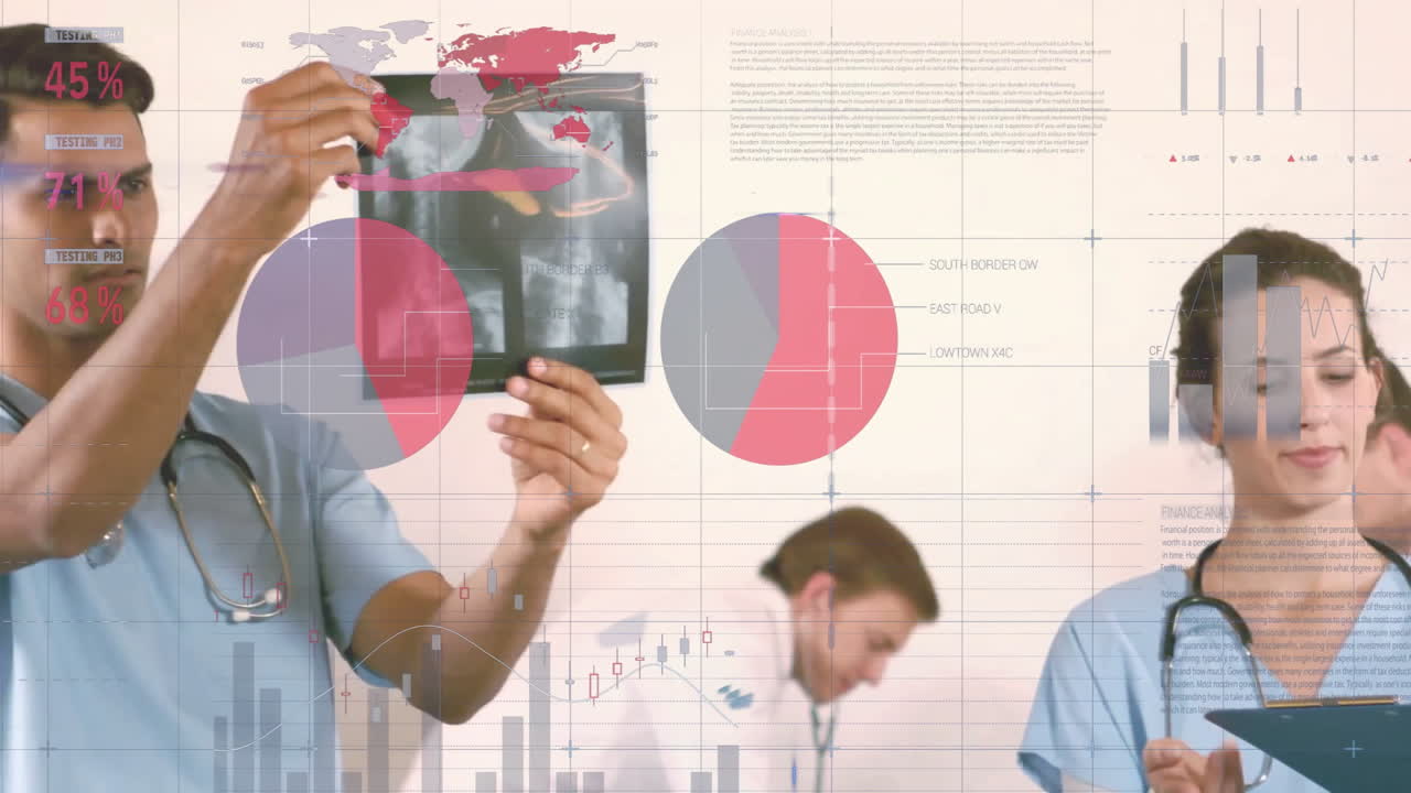 animación del procesamiento de datos financieros sobre diversos médicos