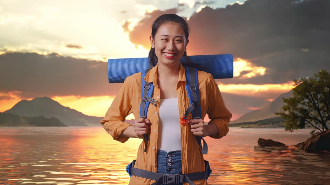 excursionista asiática con mochila de montañismo sonriendo a la cámara mientras está de pie en un lago durante la hora del atardecer