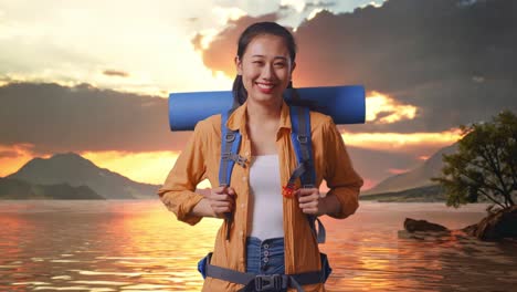 asian female hiker with mountaineering backpack smiling to camera while standing at a lake during sunset time
