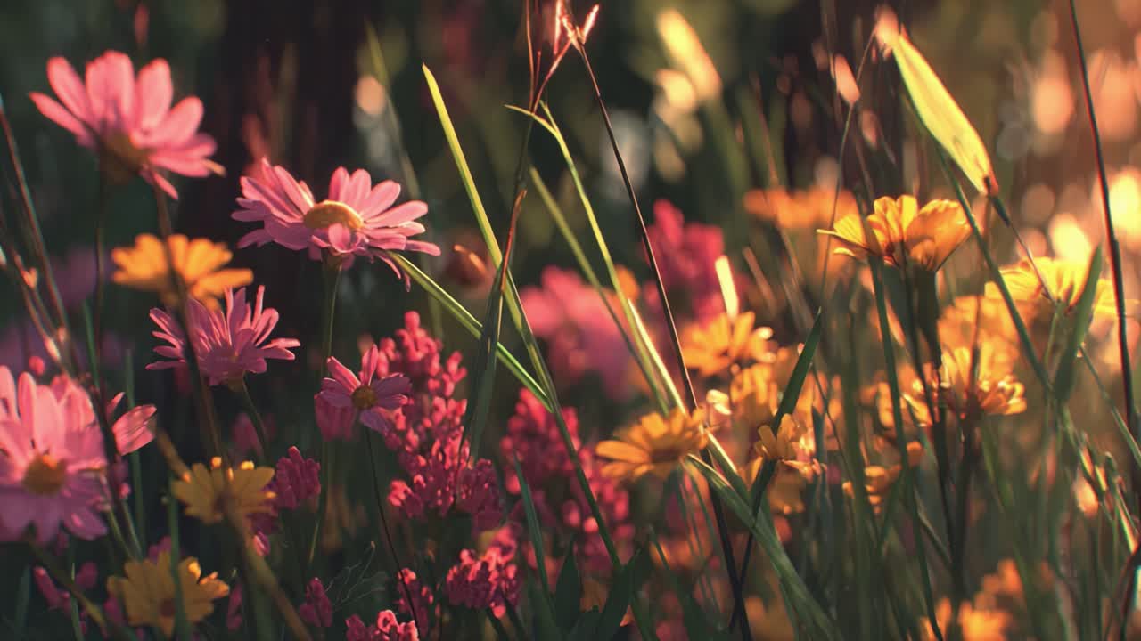 Un bellissimo campo primaverile pieno di vivaci fiori selvatici ed erba verde lussureggiante, illuminato dalla luce soffusa del sole in un ambiente naturale e pacifico.