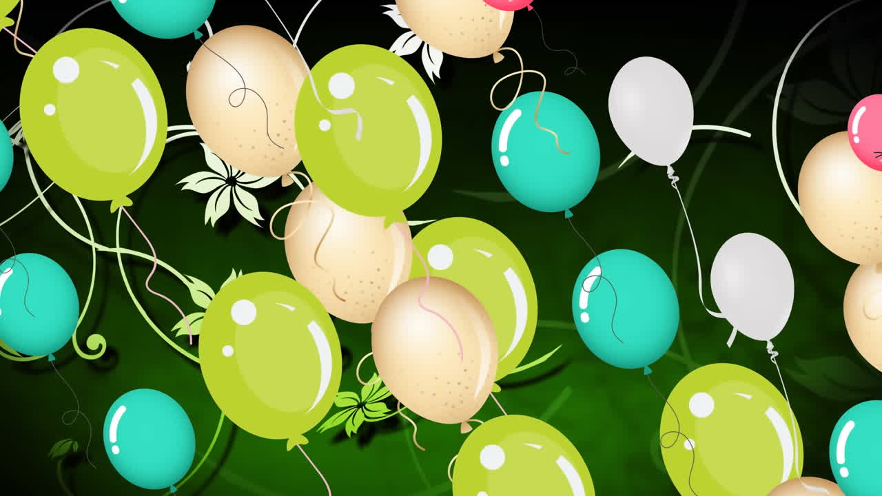 animación de globos coloridos volando y flores sobre un fondo verde oscuro