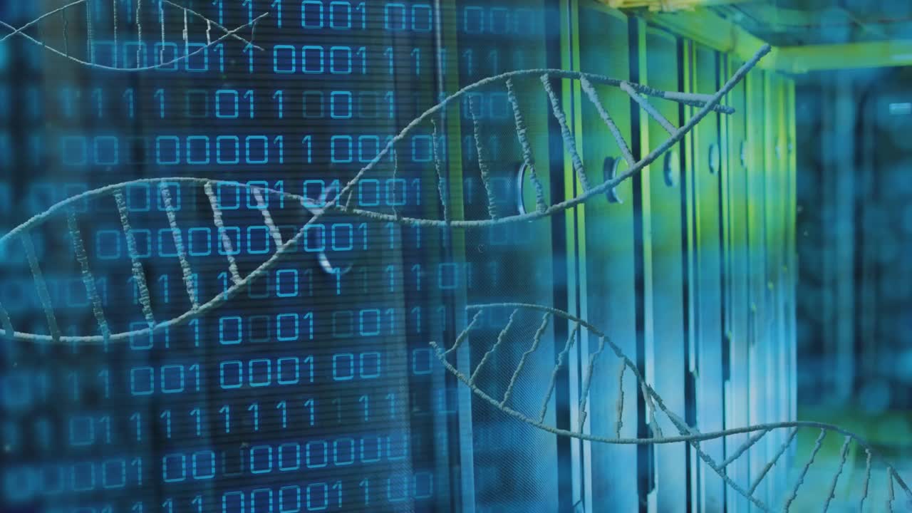 Multiple dna structure spinning and binary coding data processing against computer server room