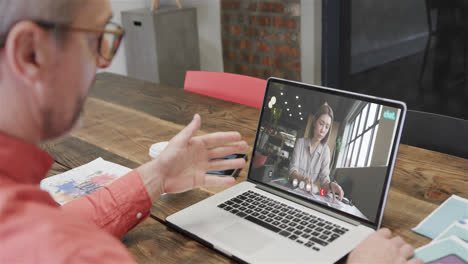 caucasian businessman on laptop video call with caucasian female colleague on screen