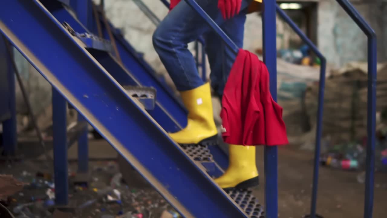 Tracking footage of a girl in protective working clothes - eyeglasses, rubber boots and mask going upstairs on a big recycling factory's equipment