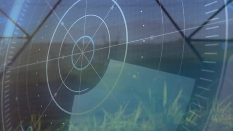 solar panel rotating in grassy field, showing concentric rings, grid lines and data points hud