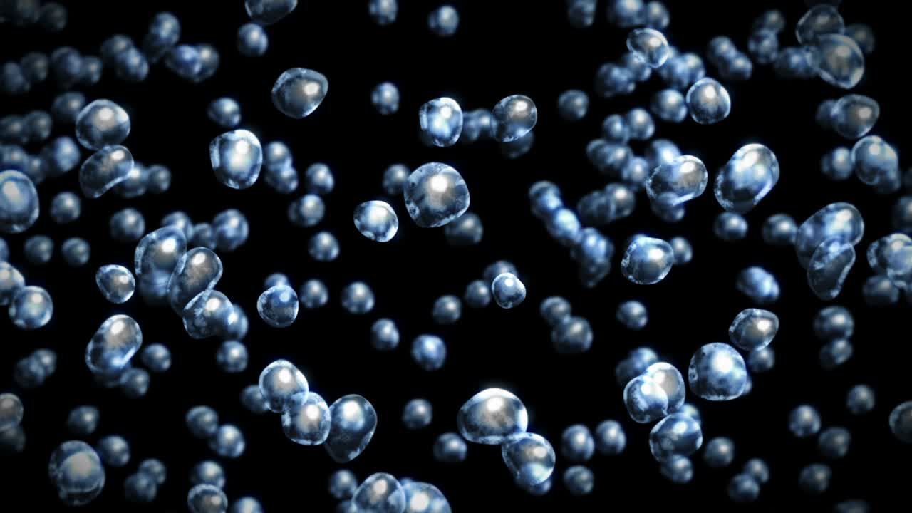 검은 바탕에 많은 물방울이 날아가고, 순수한 물방울, 투명한 표면, 공기 거품이 회전하는 3d 애니메이션, 루프 애니메이션.