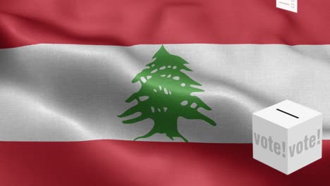 ballots fly to box for lebanon selection - ballot box in front of flag - election - vote - flag of lebanon - lebanon flag high detail - national flag lebanon wave pattern loopable elements - fabric texture and endless loop