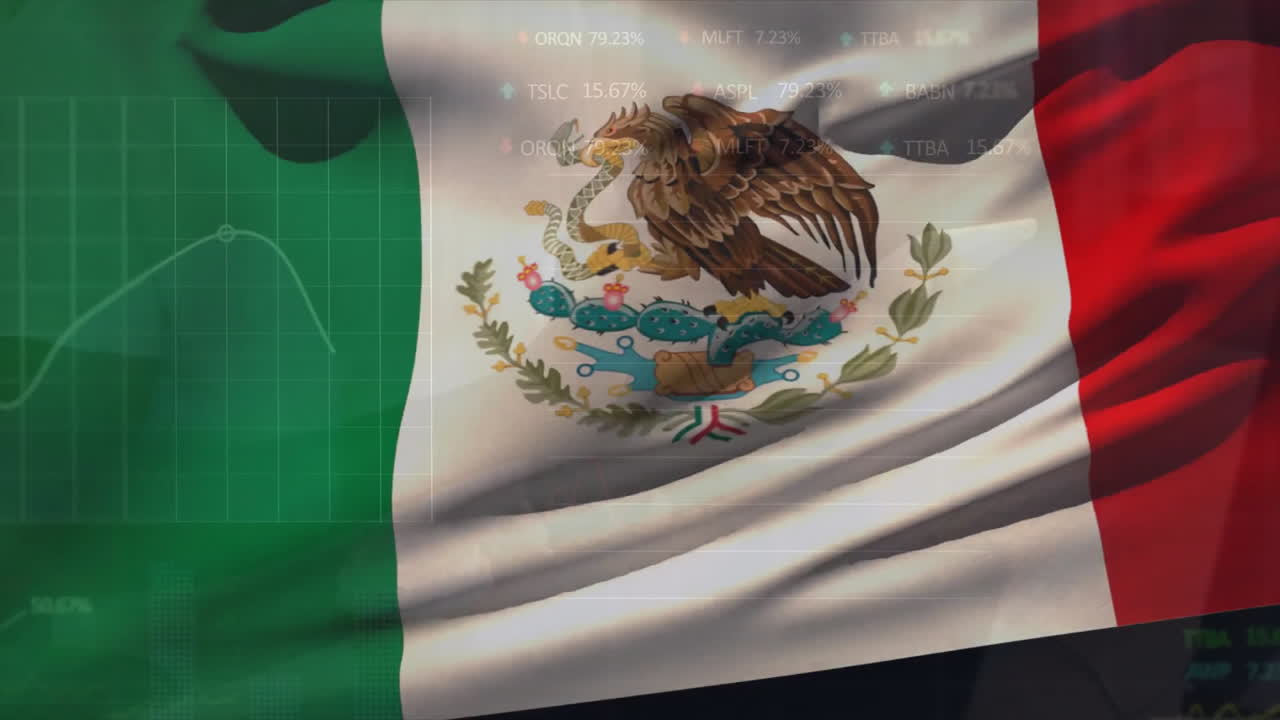 Animation of financial data processing over flag of mexico