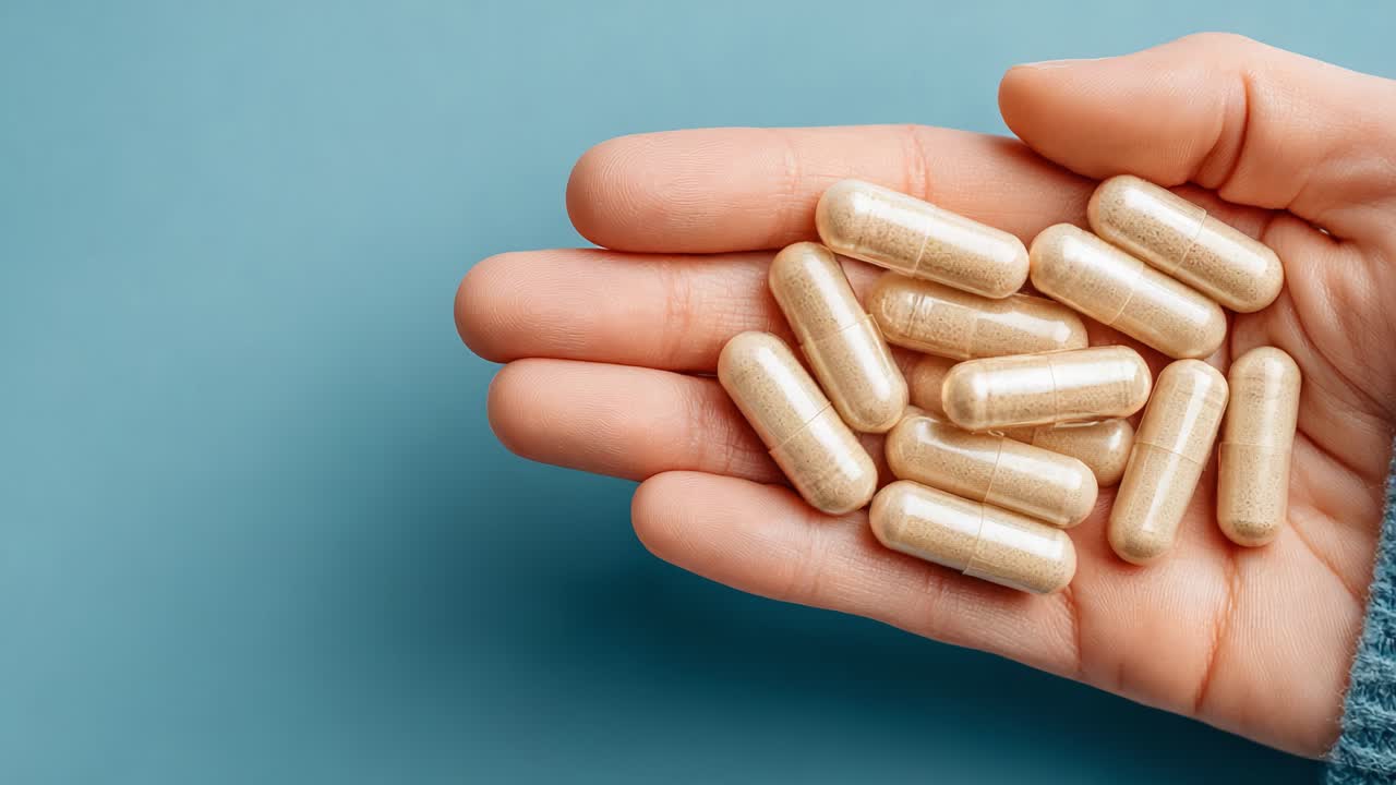 A person’s hand gracefully holds a collection of beige dietary capsules against a soft blue background, highlighting the rising focus on health and wellness supplements