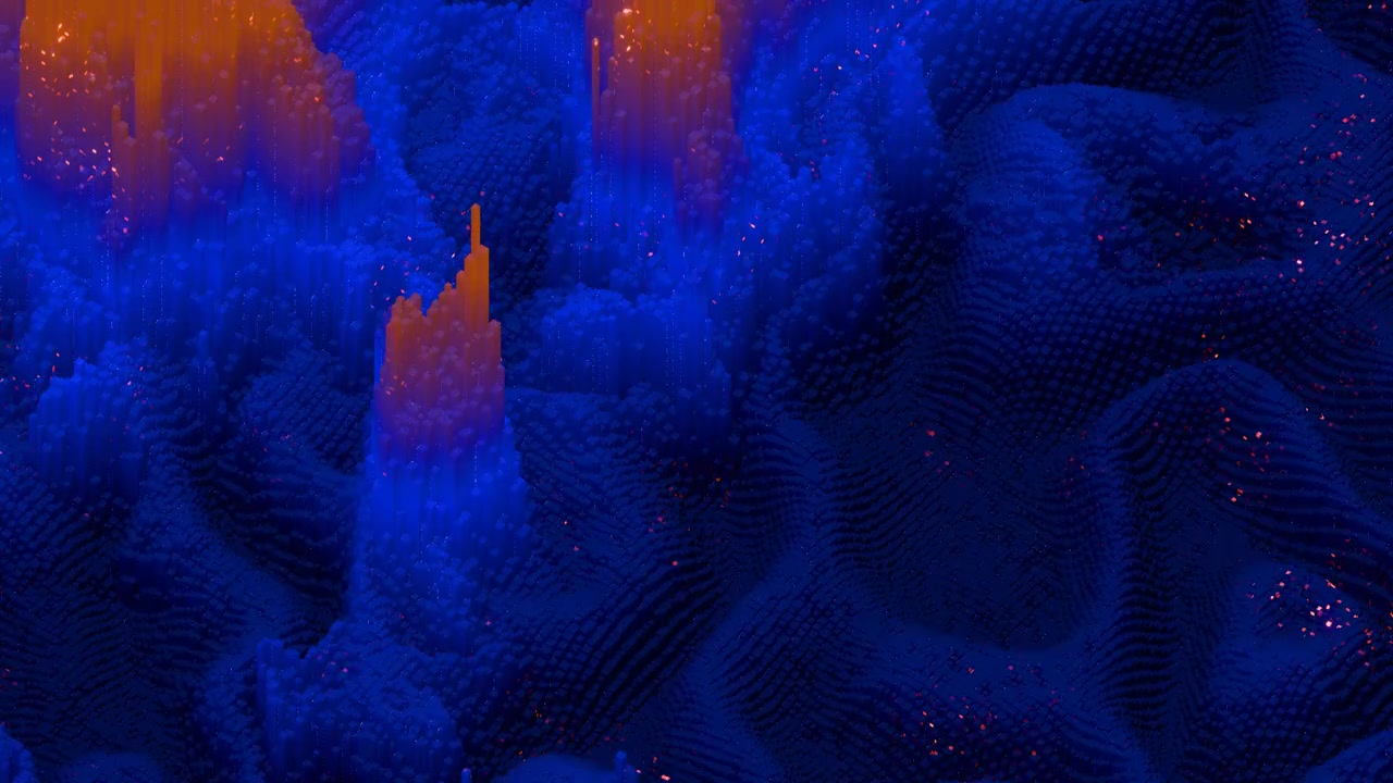 Paisaje abstracto 3D de vóxeles con iluminación azul y naranja
