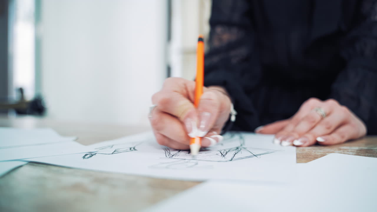 Hands of a fashion designer with a beautiful manicure draw a sketch with a pencil. Professional dressmaker creates a stylish design of a new dress on a sheet of paper. Close-up