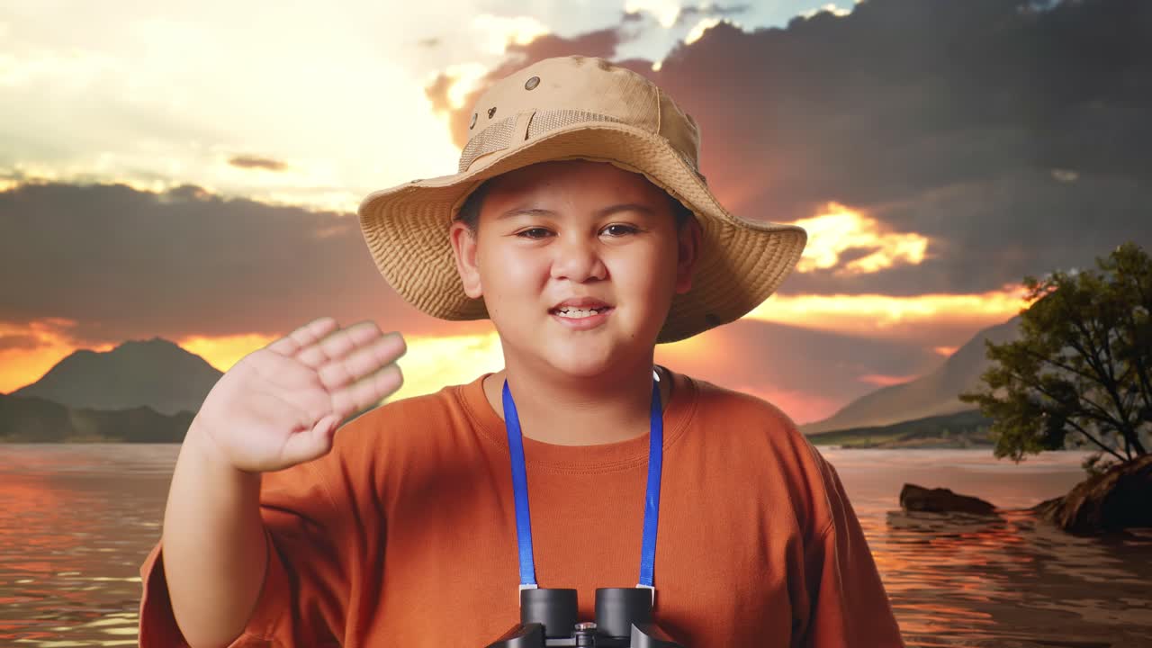 Asian Boy With Hat And Binoculars Using Magnifying Glass, Smiling And Waving Hand At A Lake. Boy Researcher Examines Something, Travel Adventure, Close Up