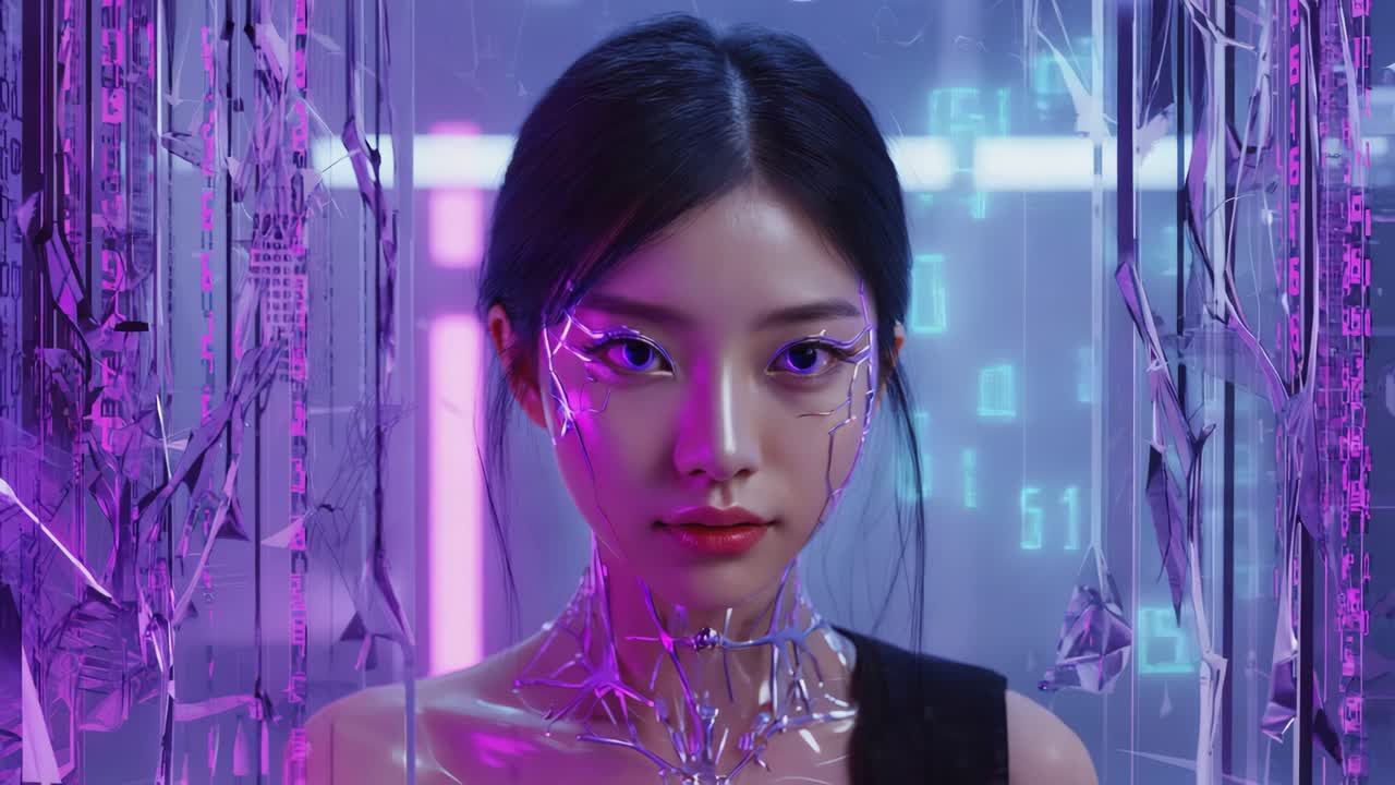 Cybernetic Woman in a Futuristic Digital Environment