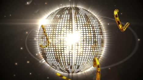 animation of christmas gold candy canes falling over mirror disco ball on black background