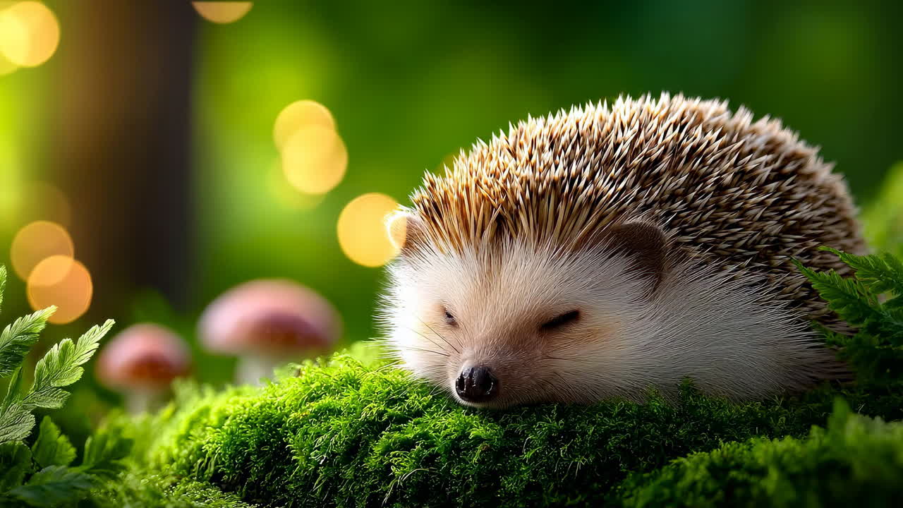 Ein Igel ruht friedlich in einem Garten. Ein Igel schläft auf weichem Moos in einem grünen Garten voller sanftem Licht und Pilzen und genießt einen friedlichen Moment