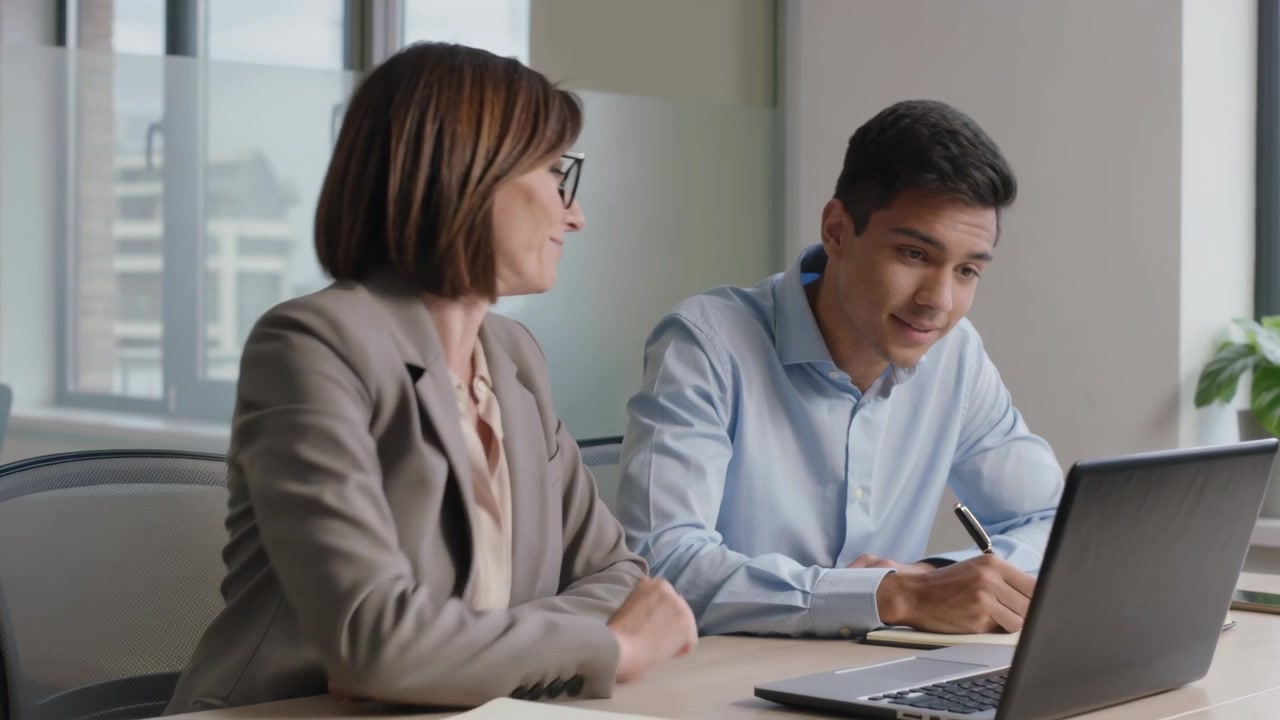 Schermo del laptop in primo piano, manager in blazer che indica e guida un tirocinante in camicia blu alla scrivania dell'ufficio