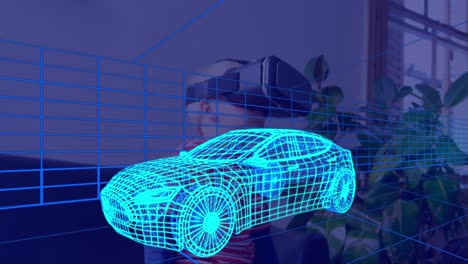 animación de dibujo técnico 3d de un coche, sobre un niño en casa con auriculares vr